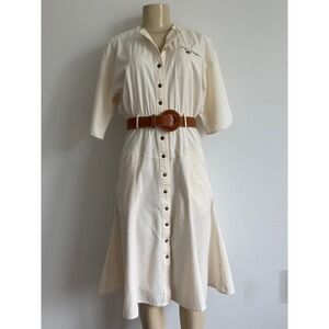 Vintage 90s Leslie Fay Denim Midi Dress Cream Safari Utility Coastal Grandmother